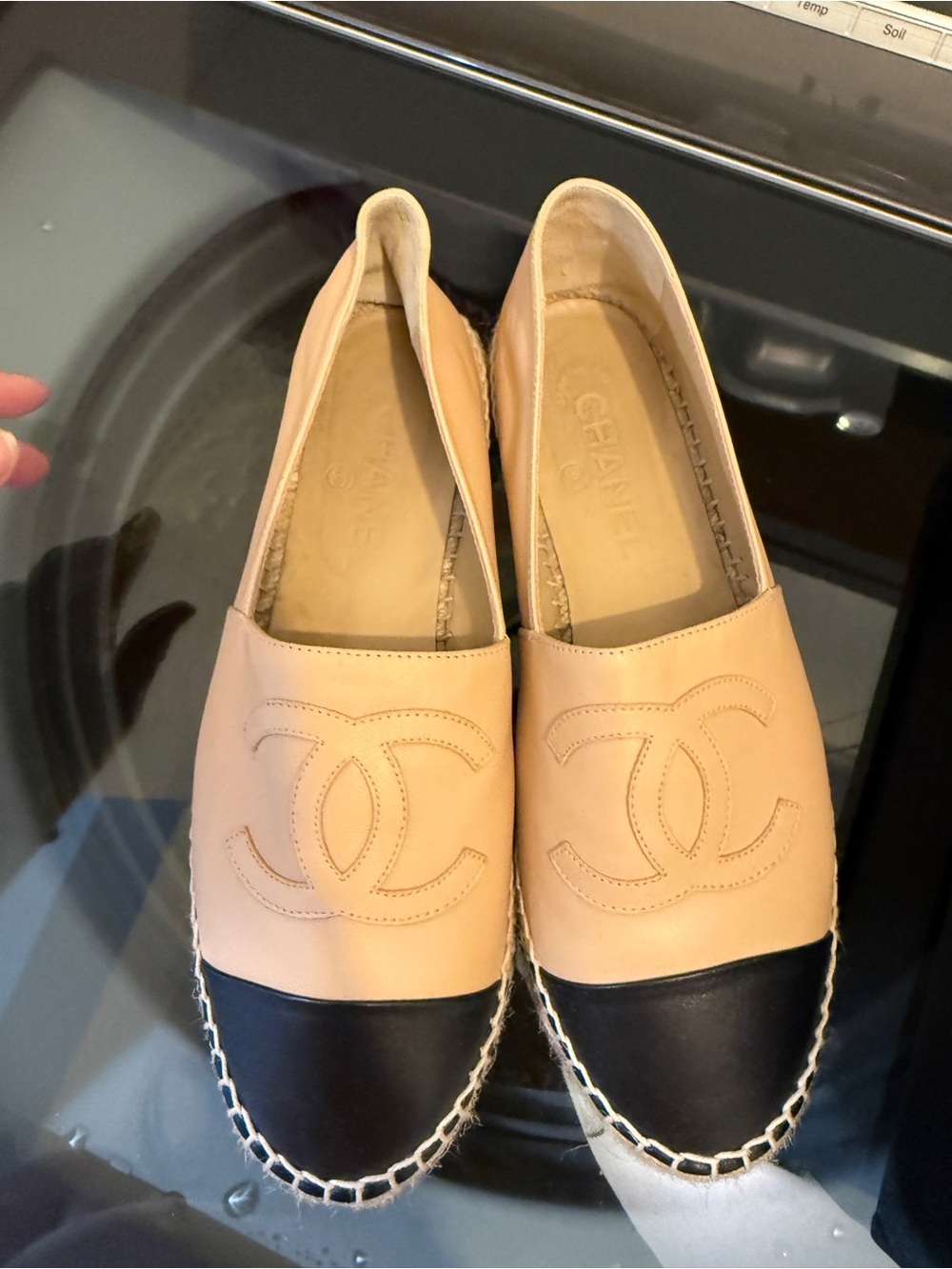 Authentic  CHANEL Beige and Black Leather Espadrille Slip-Ons